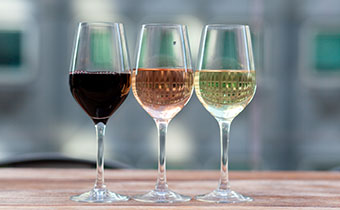 3 glasses of wine, red, rose and white